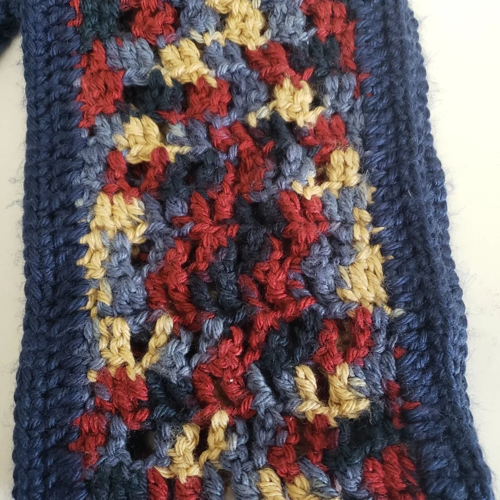Vtg. Handmade Crochet Scarf Fringe Boho Winter Accessory Multicolor Hipster Y2K